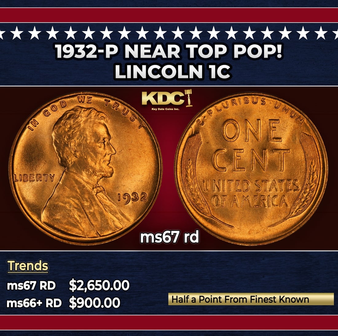 1932-p Lincoln Cent Near Top Pop! 1c ms67 rd SEGS: 1932-p Near Top Pop! Lincoln Cent 1c ms67 rd SEGS.