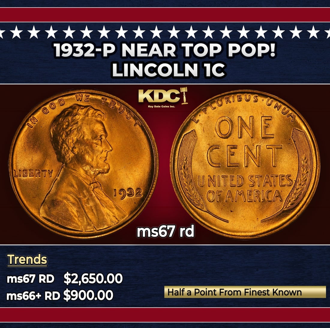 1932-p Lincoln Cent Near Top Pop! 1c ms67 rd SEGS: 1932-p Near Top Pop! Lincoln Cent 1c ms67 rd SEGS.