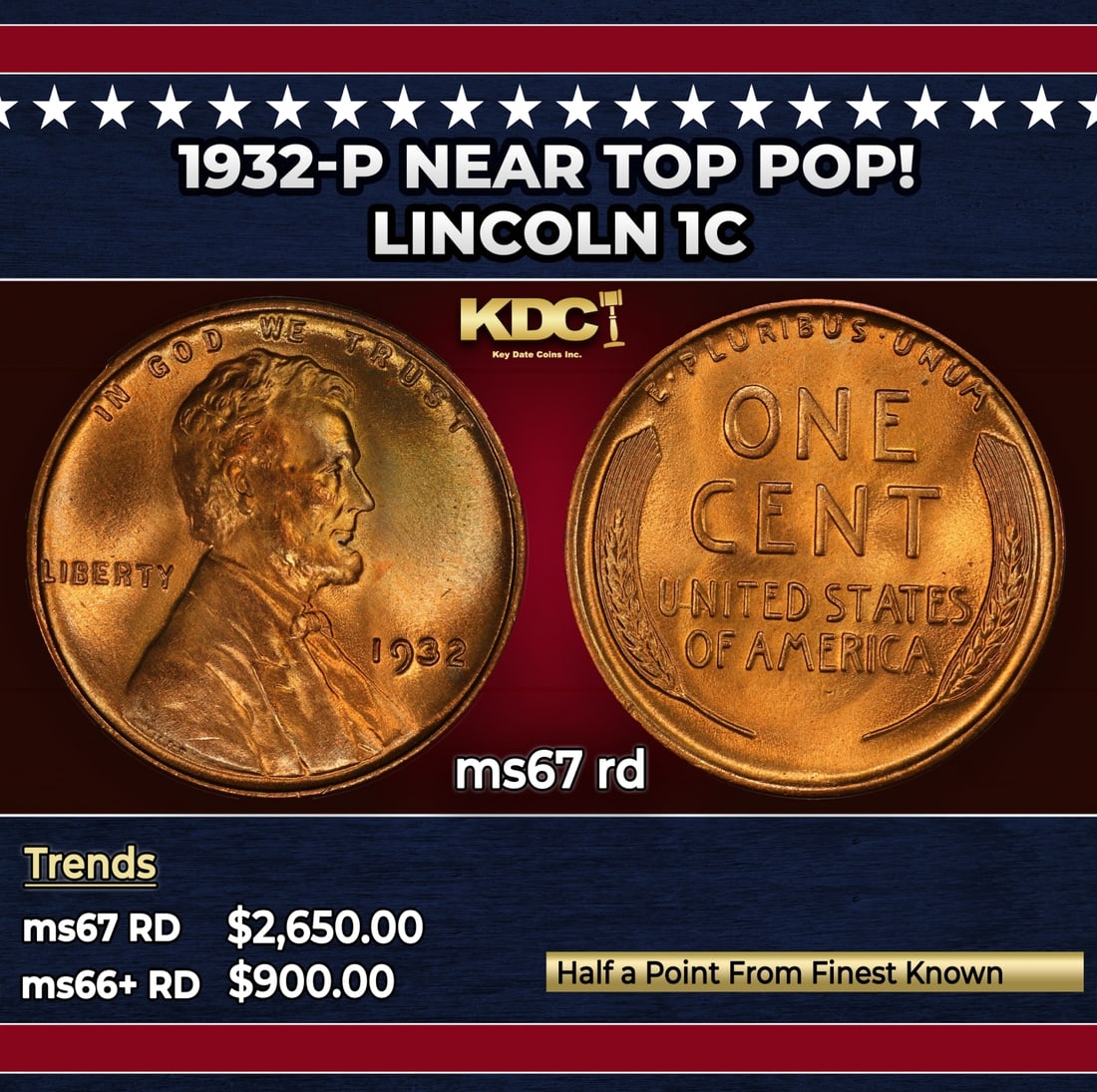 1932-p Lincoln Cent Near Top Pop! 1c ms67 rd SEGS: 1932-p Near Top Pop! Lincoln Cent 1c ms67 rd SEGS.