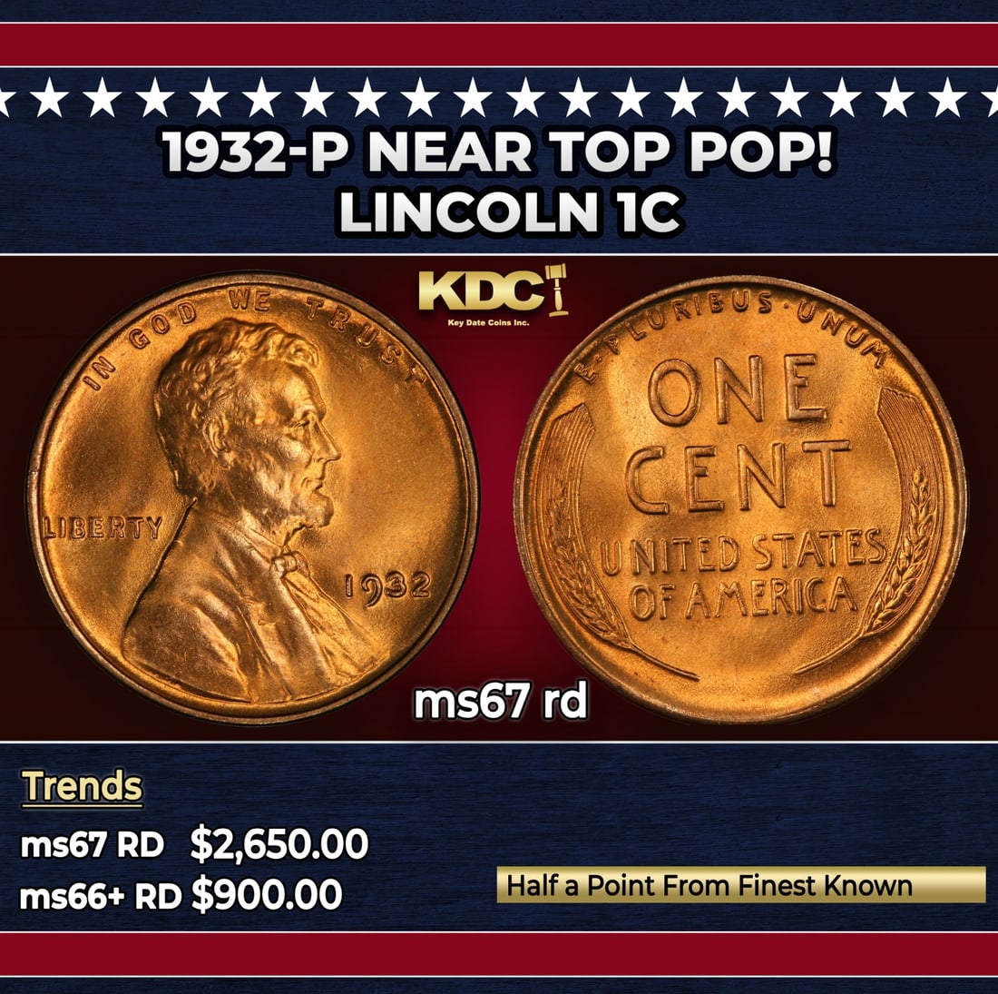 1932-p Lincoln Cent Near Top Pop! 1c ms67 rd SEGS: 1932-p Near Top Pop! Lincoln Cent 1c ms67 rd SEGS.