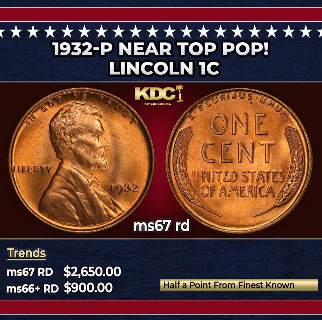 1932-p Lincoln Cent Near Top Pop! 1c ms67 rd SEGS: 1932-p Near Top Pop! Lincoln Cent 1c ms67 rd SEGS.