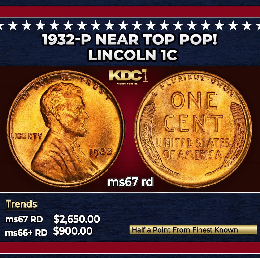 1932-p Lincoln Cent Near Top Pop! 1c ms67 rd SEGS: 1932-p Near Top Pop! Lincoln Cent 1c ms67 rd SEGS.