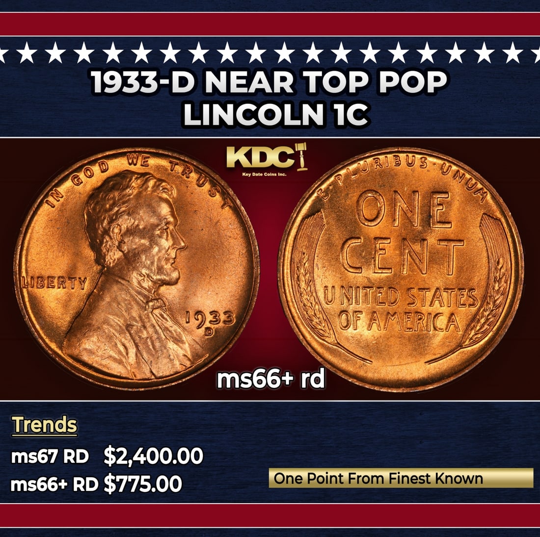 1933-d Lincoln Cent Near Top Pop 1c ms66+ rd SEGS: 1933-d Near Top Pop Lincoln Cent 1c ms66+ rd SEGS.