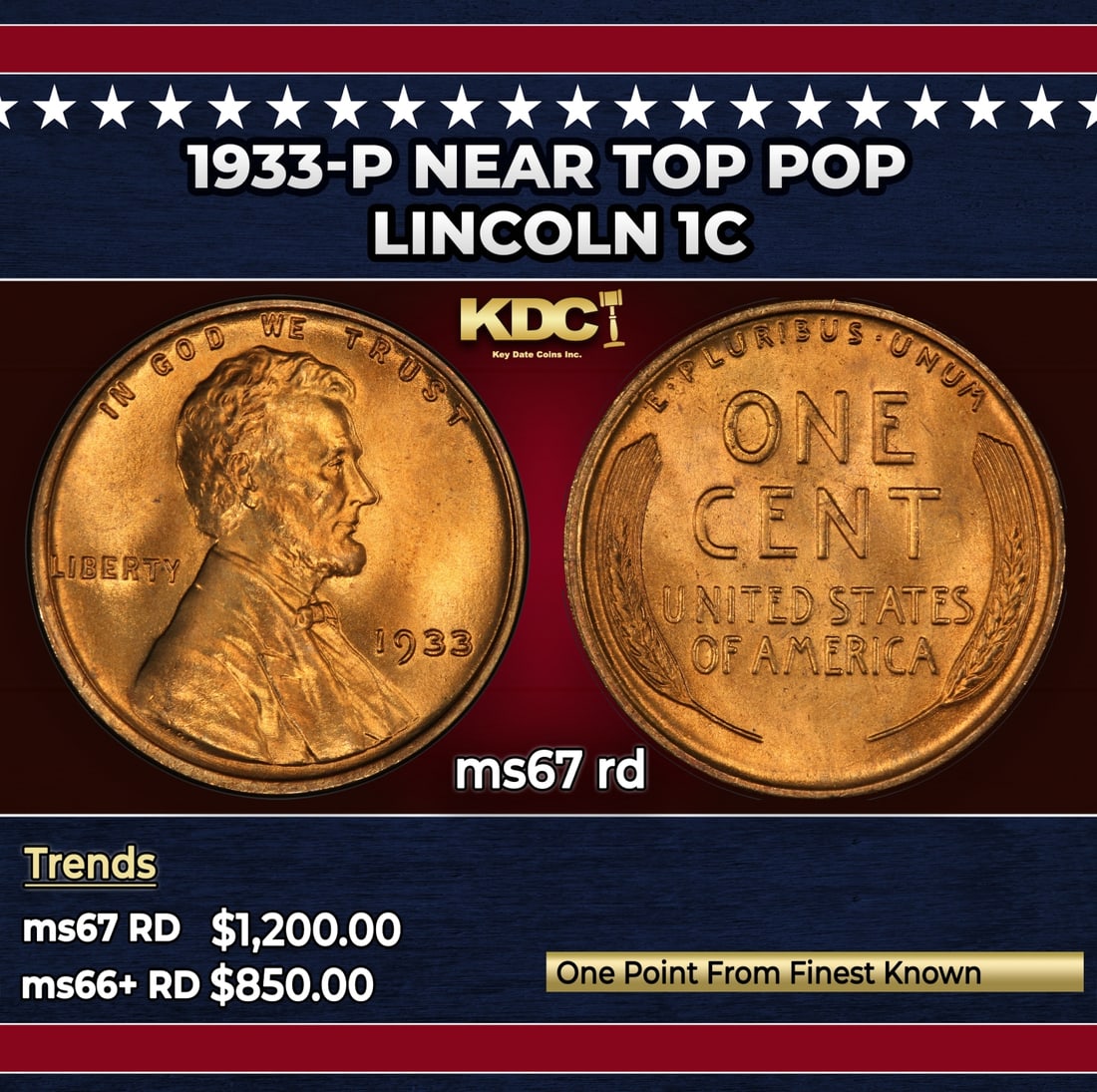 1933-p Lincoln Cent Near Top Pop 1c ms67 rd SEGS: 1933-p Near Top Pop Lincoln Cent 1c ms67 rd SEGS.