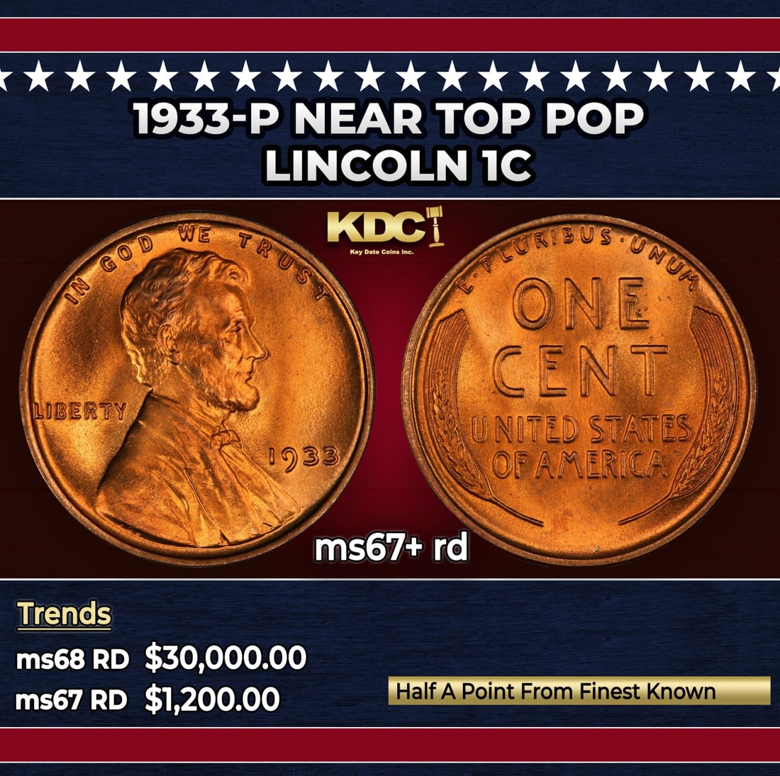 1933-p Lincoln Cent Near Top Pop 1c ms67+ rd SEGS: 1933-p Near Top Pop Lincoln Cent 1c ms67+ rd SEGS.