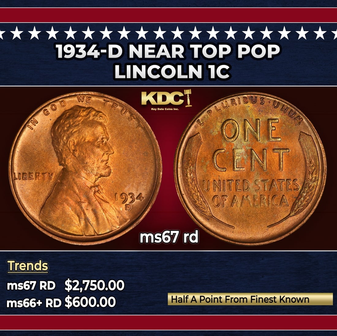1934-d Lincoln Cent Near Top Pop 1c ms67 rd SEGS: 1934-d Near Top Pop Lincoln Cent 1c ms67 rd SEGS.