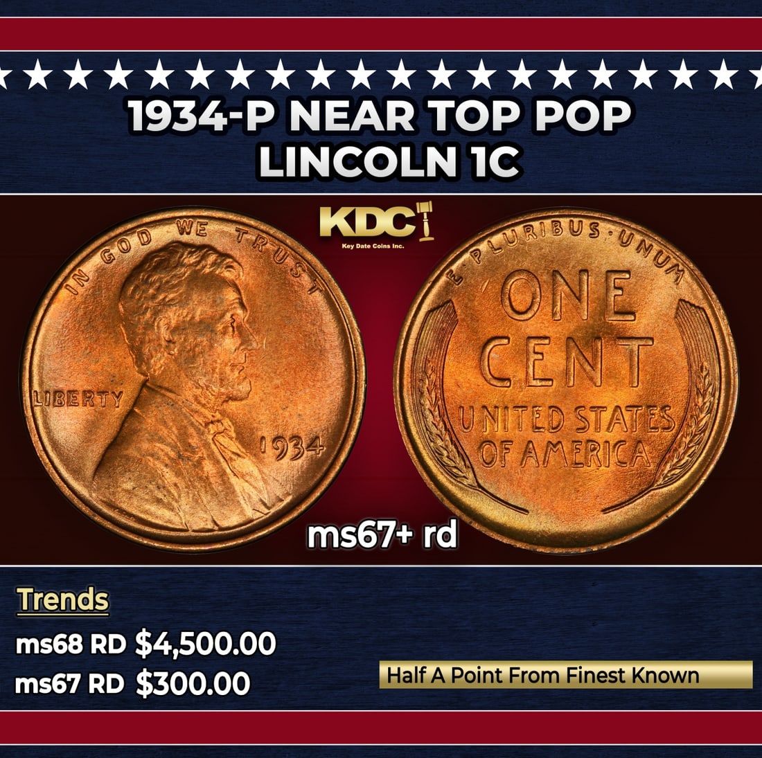 1934-p Lincoln Cent Near Top Pop 1c ms67+ rd SEGS: 1934-p Near Top Pop Lincoln Cent 1c ms67+ rd SEGS.