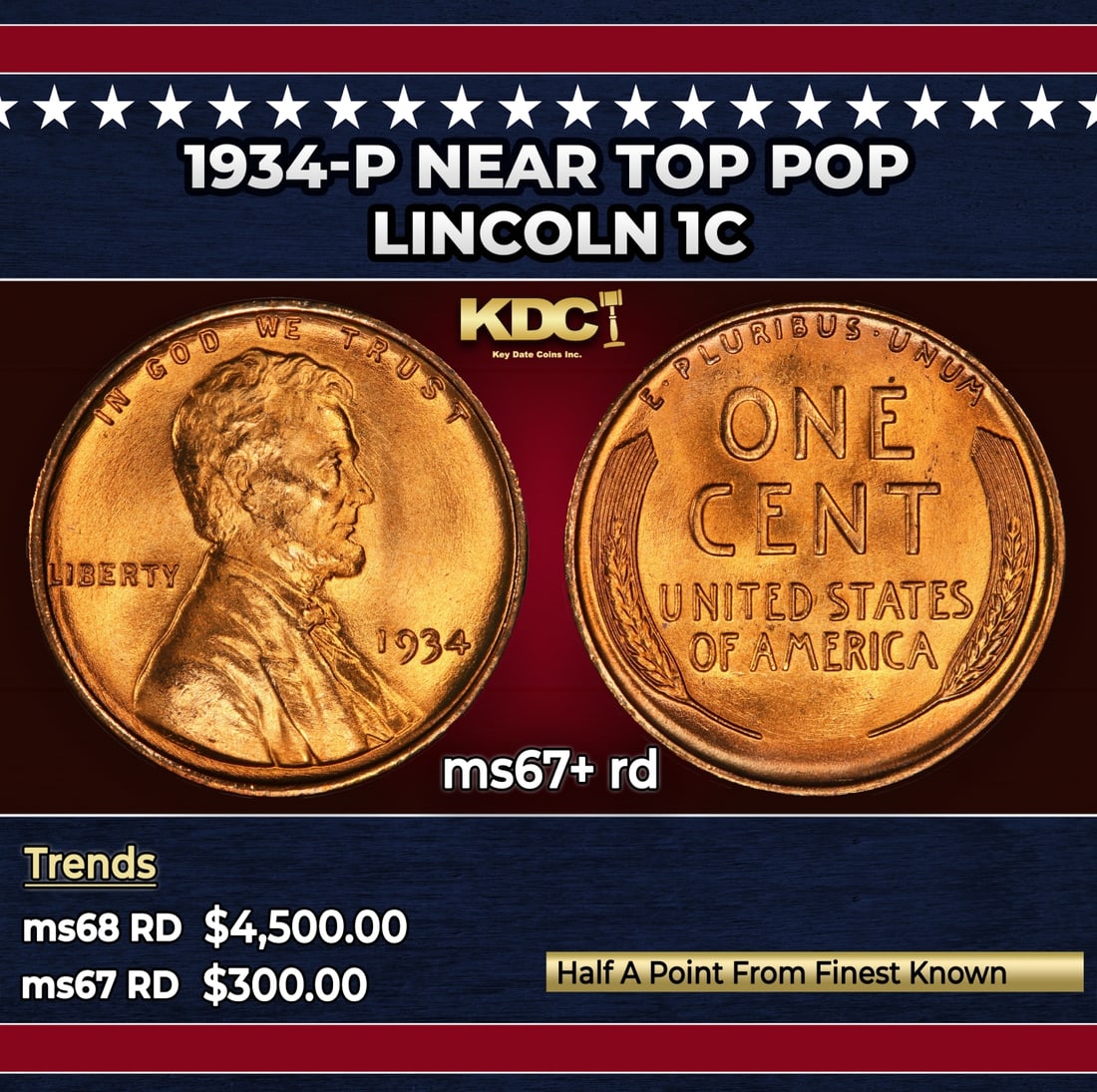 1934-p Lincoln Cent Near Top Pop 1c ms67+ rd SEGS: 1934-p Near Top Pop Lincoln Cent 1c ms67+ rd SEGS.