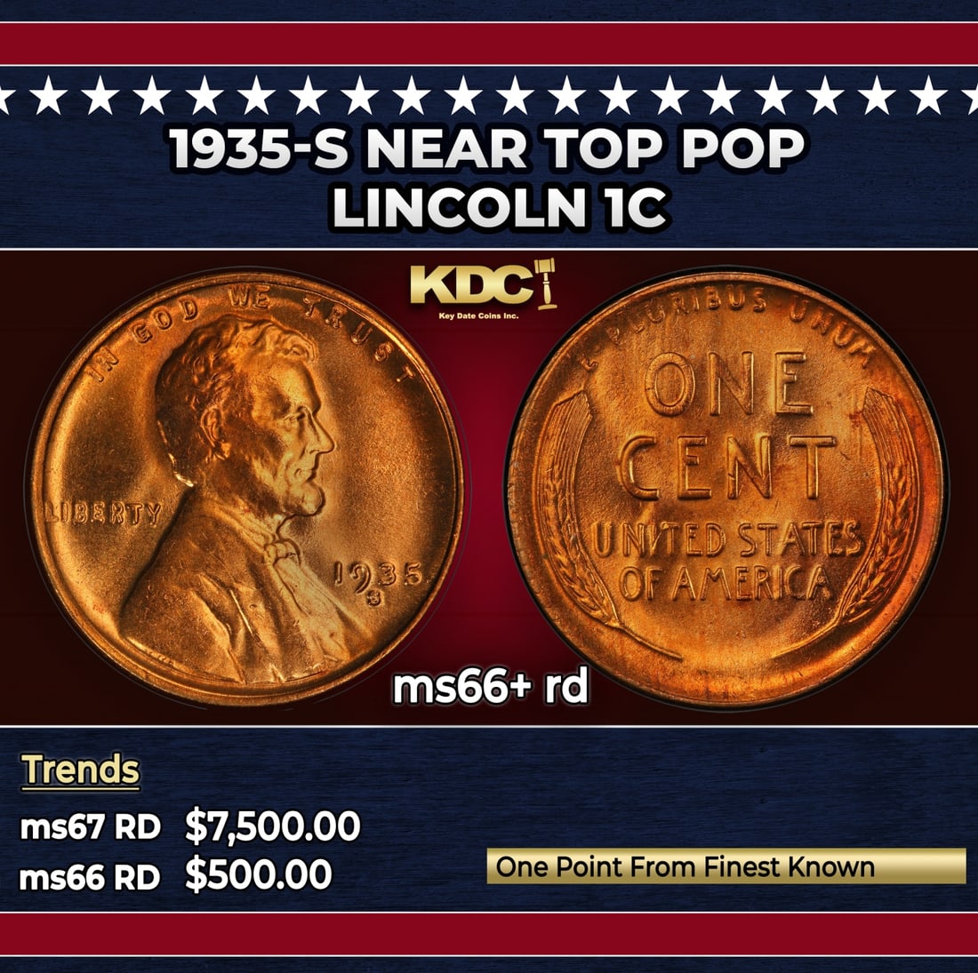1935-s Lincoln Cent Near Top Pop 1c ms66+ rd SEGS: 1935-s Near Top Pop Lincoln Cent 1c ms66+ rd SEGS.