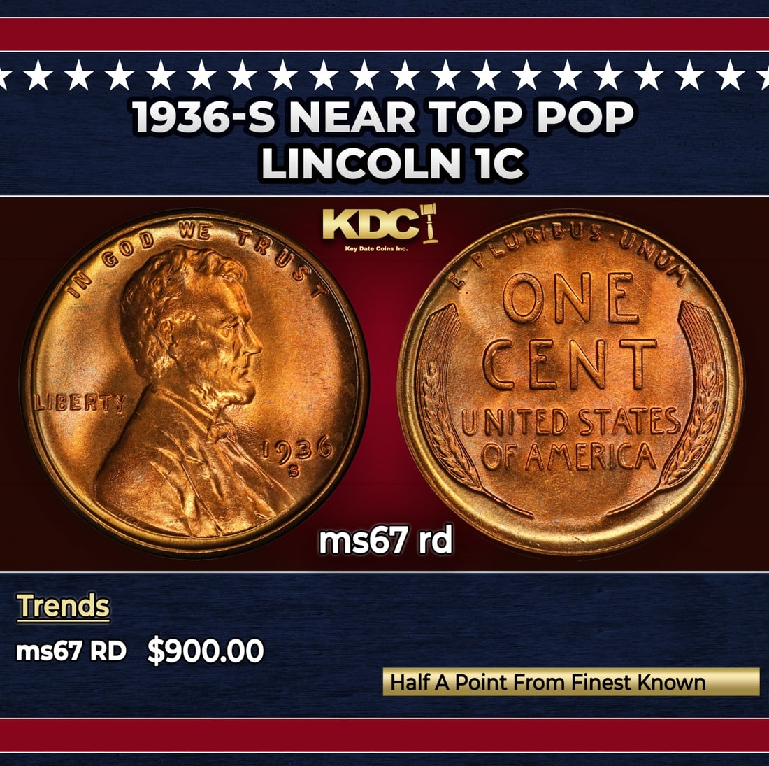 1936-s Lincoln Cent Near Top Pop 1c ms67 rd SEGS: 1936-s Near Top Pop Lincoln Cent 1c ms67 rd SEGS.