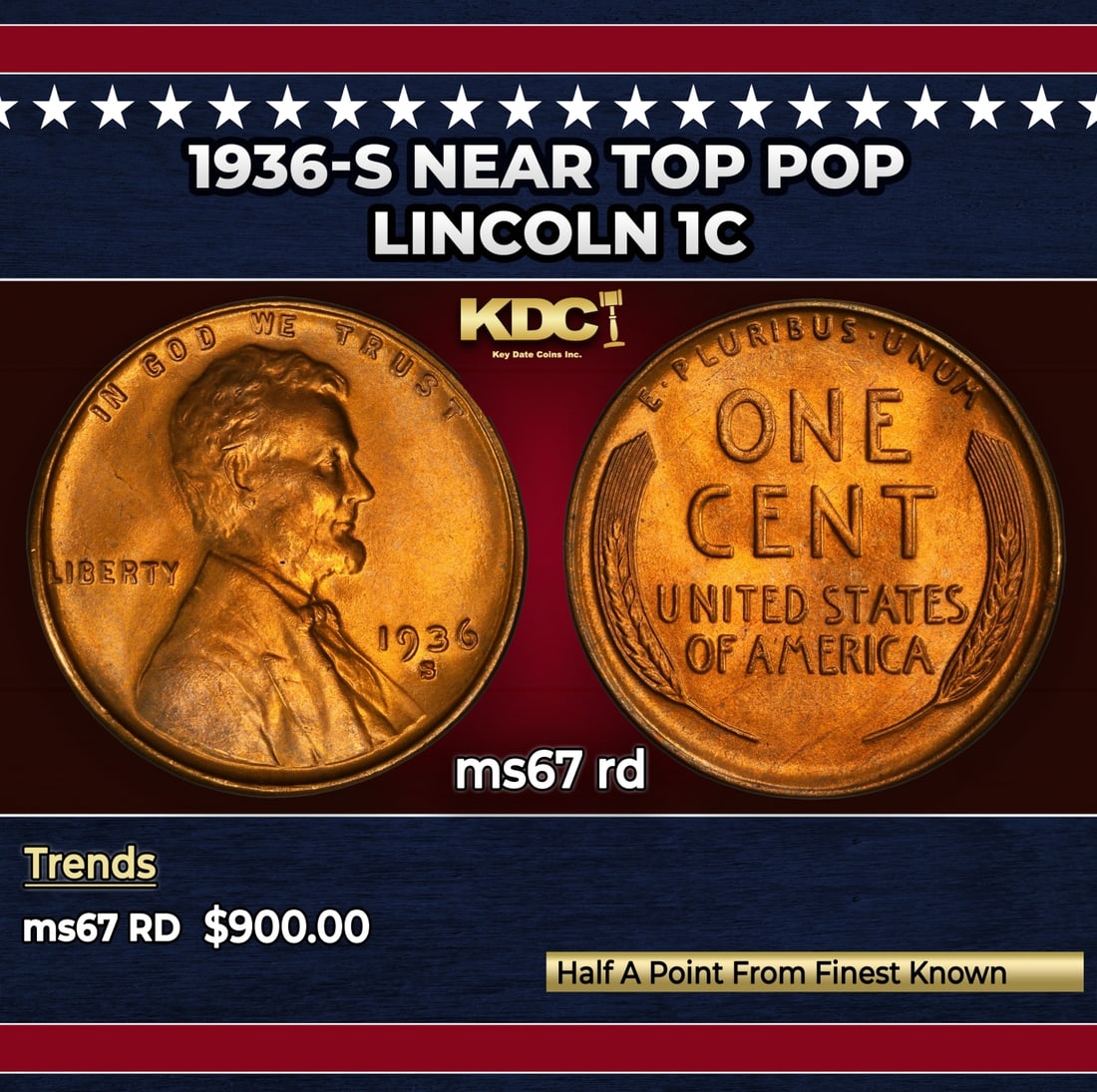 1936-s Lincoln Cent Near Top Pop 1c ms67 rd SEGS: 1936-s Near Top Pop Lincoln Cent 1c ms67 rd SEGS.