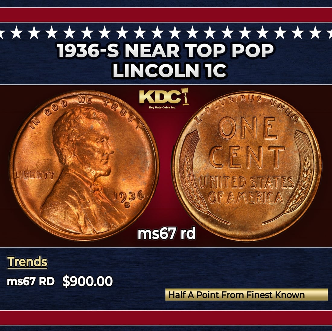 1936-s Lincoln Cent Near Top Pop 1c ms67 rd SEGS: 1936-s Near Top Pop Lincoln Cent 1c ms67 rd SEGS.