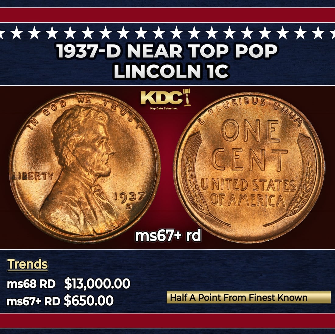 1937-d Lincoln Cent Near Top Pop 1c ms67+ rd SEGS: 1937-d Near Top Pop Lincoln Cent 1c ms67+ rd SEGS.