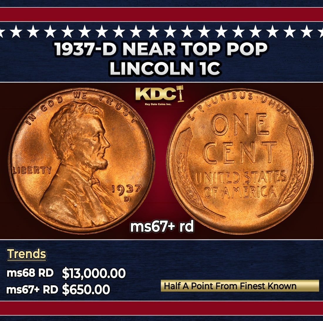 1937-d Lincoln Cent Near Top Pop 1c ms67+ rd SEGS: 1937-d Near Top Pop Lincoln Cent 1c ms67+ rd SEGS.