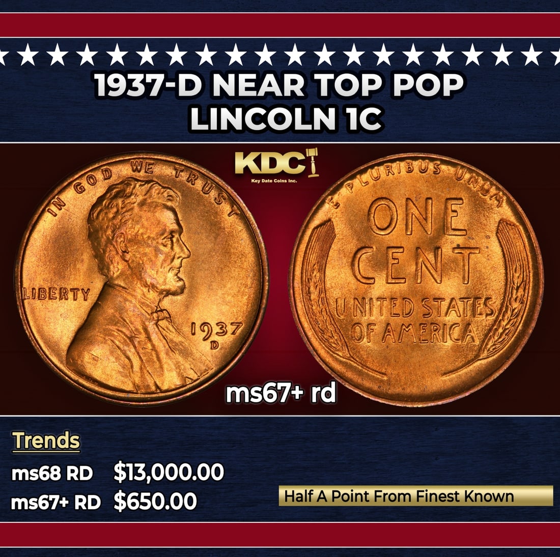 1937-d Lincoln Cent Near Top Pop 1c ms67+ rd SEGS: 1937-d Near Top Pop Lincoln Cent 1c ms67+ rd SEGS.