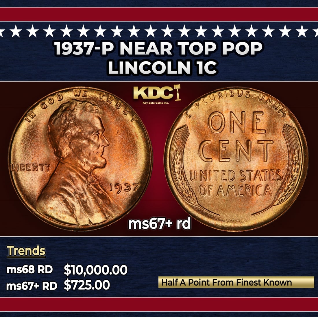 1937-p Lincoln Cent Near Top Pop 1c ms67+ rd SEGS: 1937-p Near Top Pop Lincoln Cent 1c ms67+ rd SEGS.