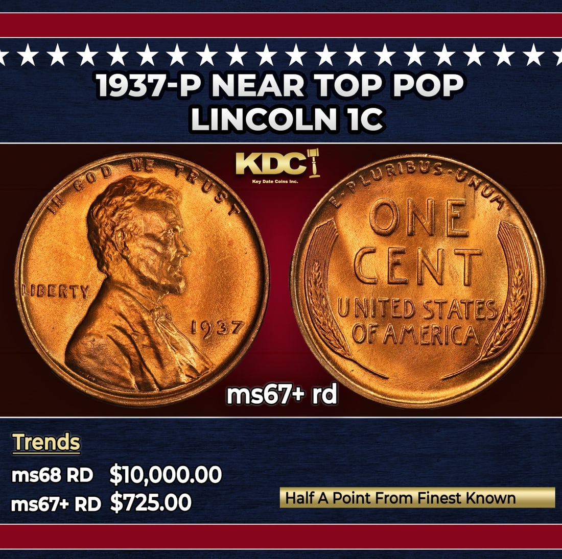 1937-p Lincoln Cent Near Top Pop 1c ms67+ rd SEGS: 1937-p Near Top Pop Lincoln Cent 1c ms67+ rd SEGS.