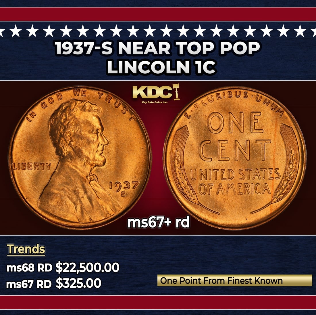 1937-s Lincoln Cent Near Top Pop 1c ms67+ rd SEGS: 1937-s Near Top Pop Lincoln Cent 1c ms67+ rd SEGS.