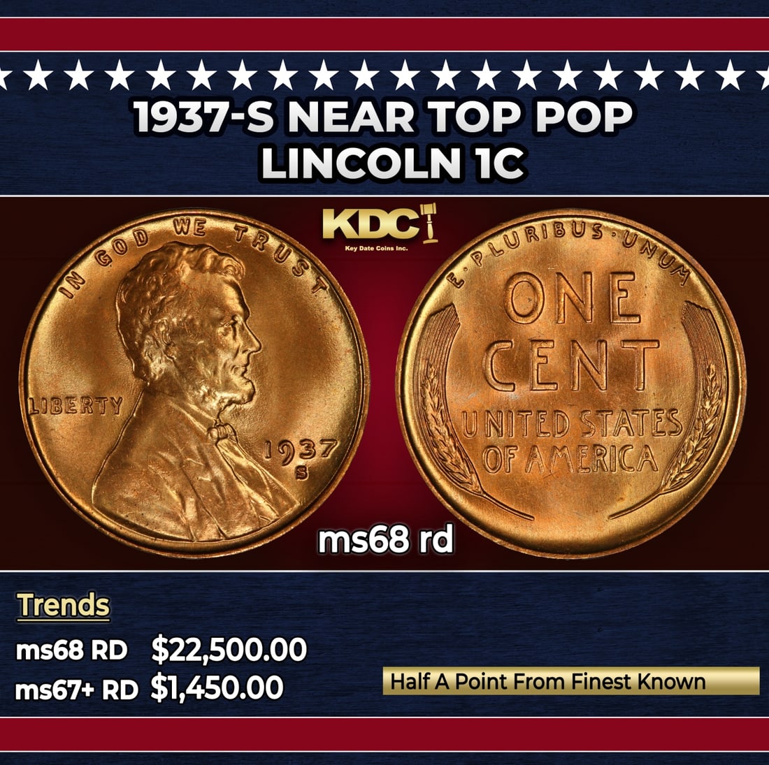 1937-s Lincoln Cent Near Top Pop 1c ms68 rd SEGS: 1937-s Near Top Pop Lincoln Cent 1c ms68 rd SEGS.