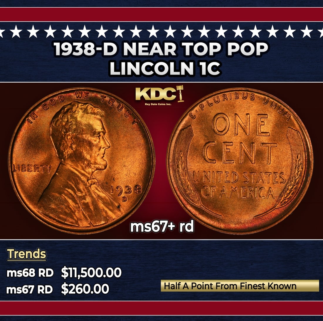 1938-d Lincoln Cent Near Top Pop 1c ms67+ rd SEGS: 1938-d Near Top Pop Lincoln Cent 1c ms67+ rd SEGS.
