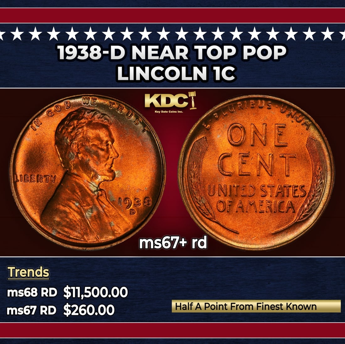 1938-d Lincoln Cent Near Top Pop 1c ms67+ rd SEGS: 1938-d Near Top Pop Lincoln Cent 1c ms67+ rd SEGS.