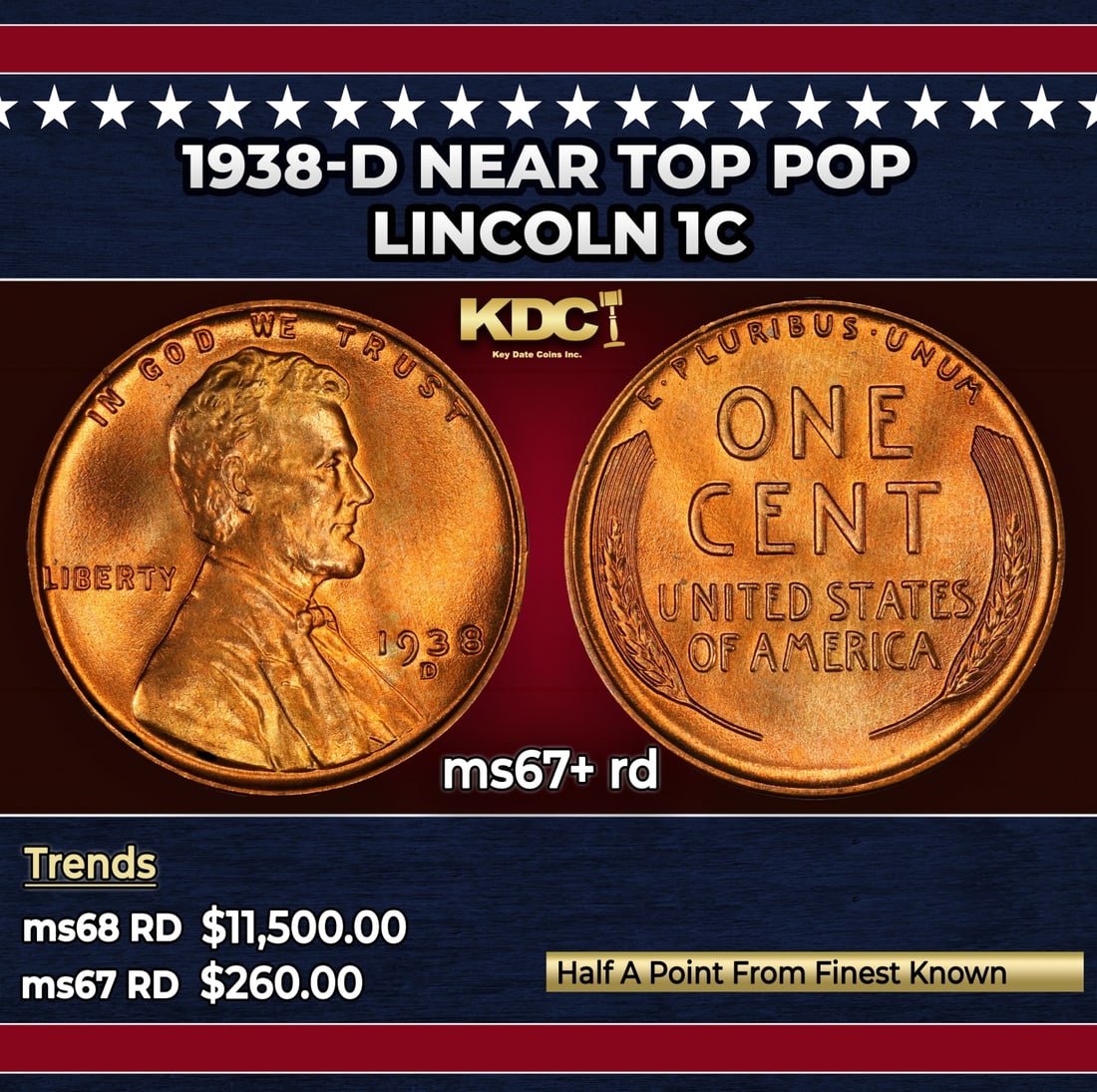 1938-d Lincoln Cent Near Top Pop 1c ms67+ rd SEGS: 1938-d Near Top Pop Lincoln Cent 1c ms67+ rd SEGS.