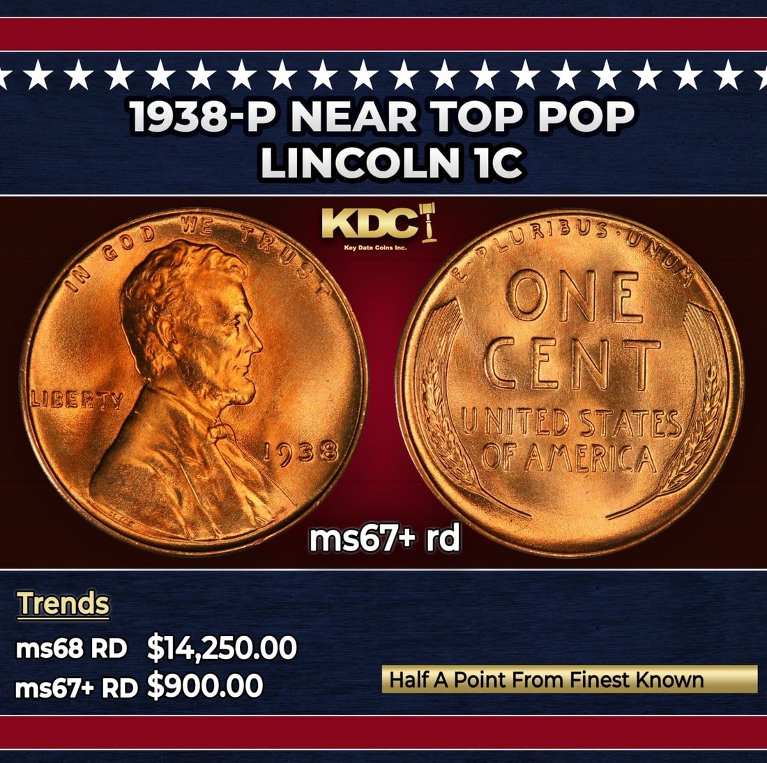 1938-p Lincoln Cent Near Top Pop 1c ms67+ rd SEGS: 1938-p Near Top Pop Lincoln Cent 1c ms67+ rd SEGS.