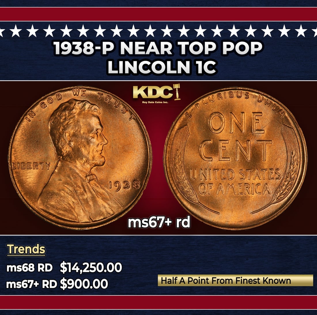 1938-p Lincoln Cent Near Top Pop 1c ms67+ rd SEGS: 1938-p Near Top Pop Lincoln Cent 1c ms67+ rd SEGS.