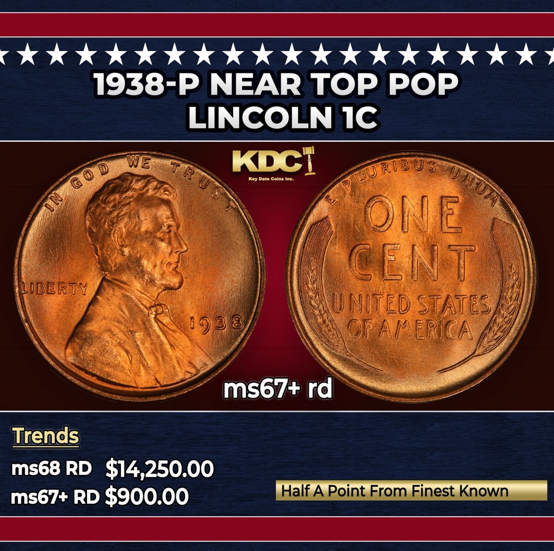 1938-p Lincoln Cent Near Top Pop 1c ms67+ rd SEGS: 1938-p Near Top Pop Lincoln Cent 1c ms67+ rd SEGS.