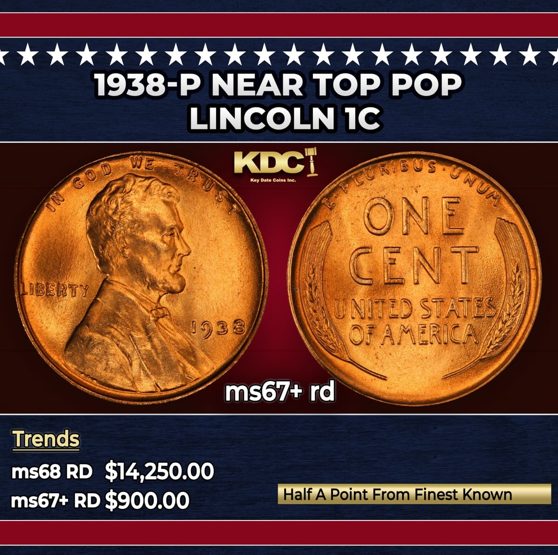 1938-p Lincoln Cent Near Top Pop 1c ms67+ rd SEGS: 1938-p Near Top Pop Lincoln Cent 1c ms67+ rd SEGS.