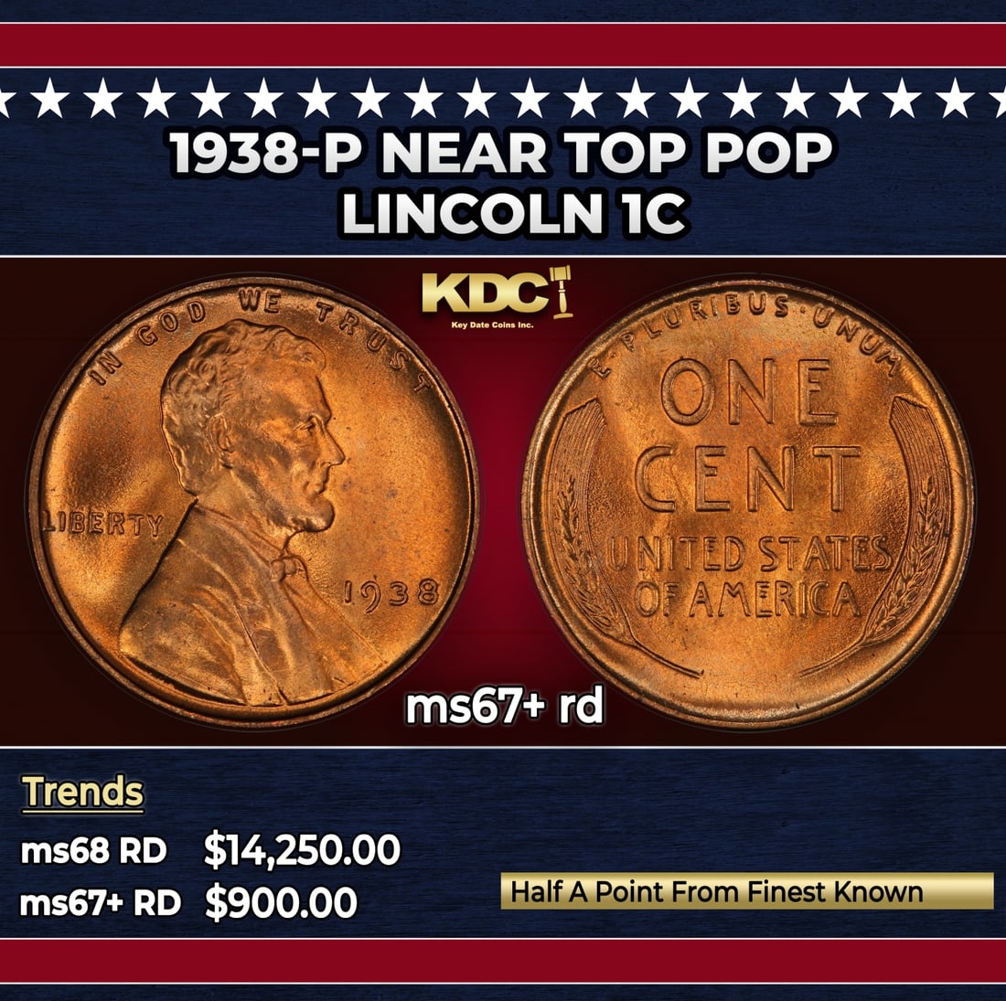 1938-p Lincoln Cent Near Top Pop 1c ms67+ rd SEGS: 1938-p Near Top Pop Lincoln Cent 1c ms67+ rd SEGS.