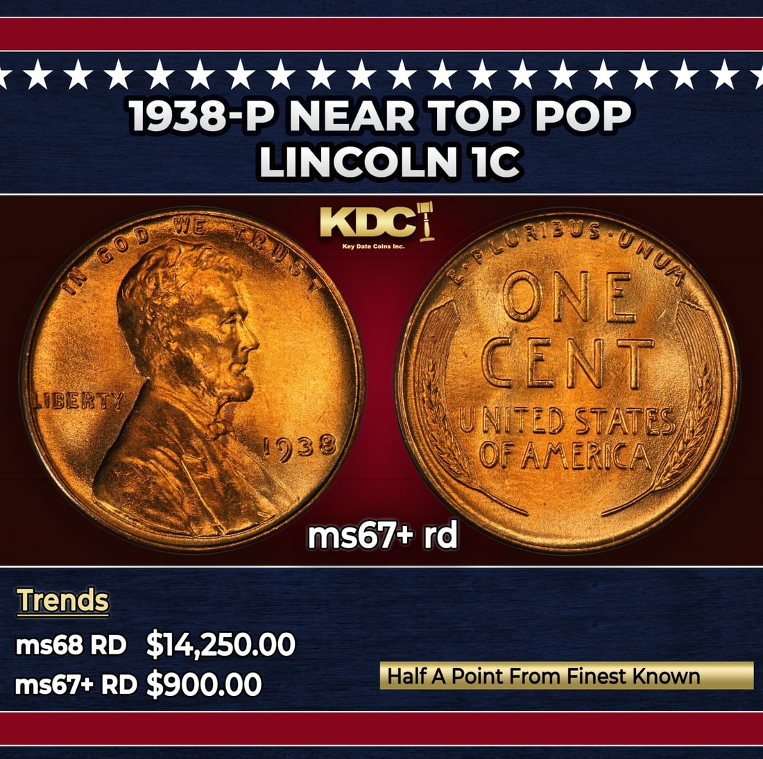 1938-p Lincoln Cent Near Top Pop 1c ms67+ rd SEGS: 1938-p Near Top Pop Lincoln Cent 1c ms67+ rd SEGS.