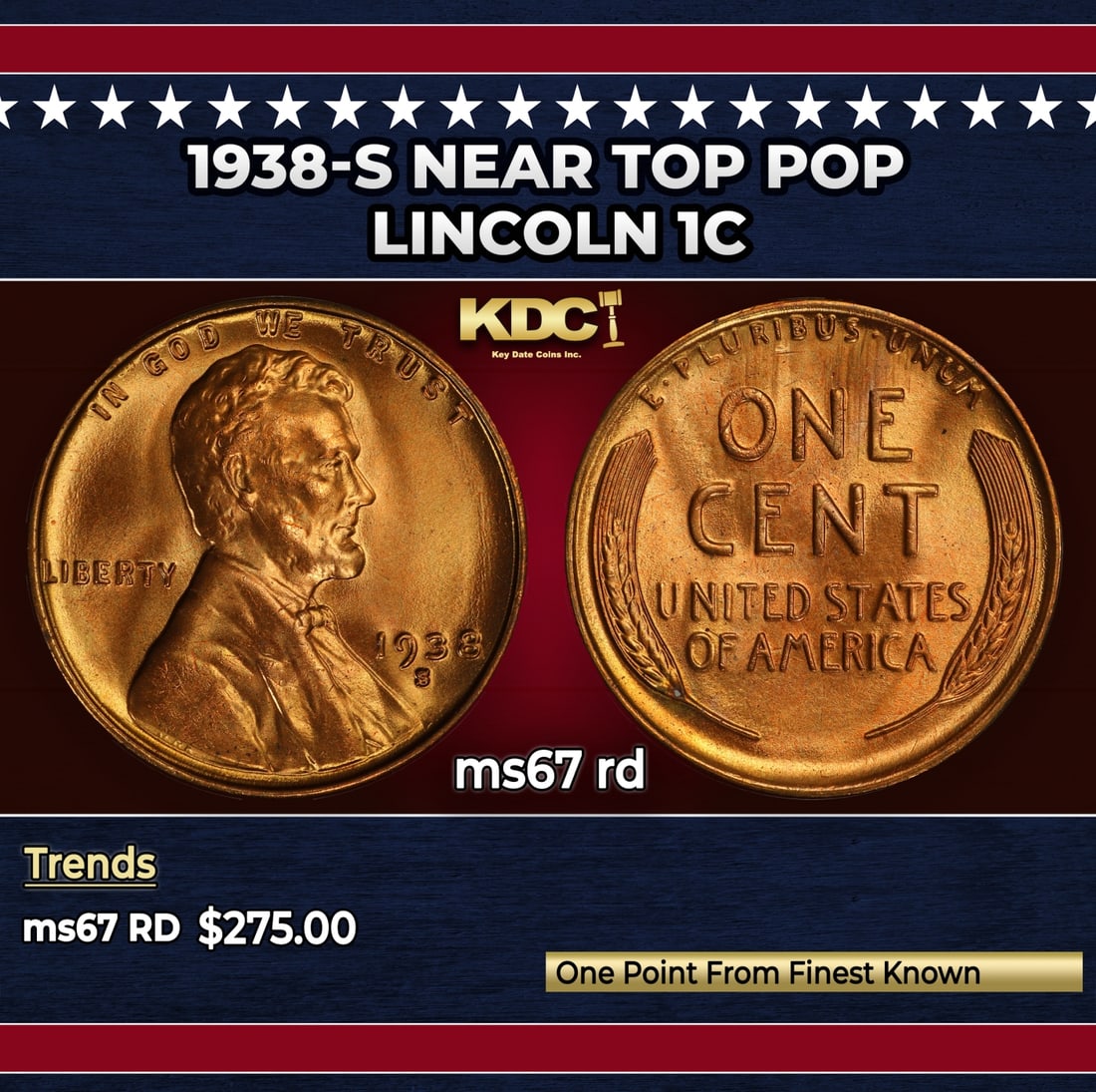 1938-s Lincoln Cent Near Top Pop 1c ms67 rd SEGS: 1938-s Near Top Pop Lincoln Cent 1c ms67 rd SEGS.