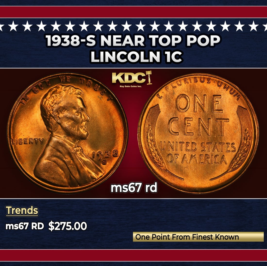 1938-s Lincoln Cent Near Top Pop 1c ms67 rd SEGS: 1938-s Near Top Pop Lincoln Cent 1c ms67 rd SEGS.