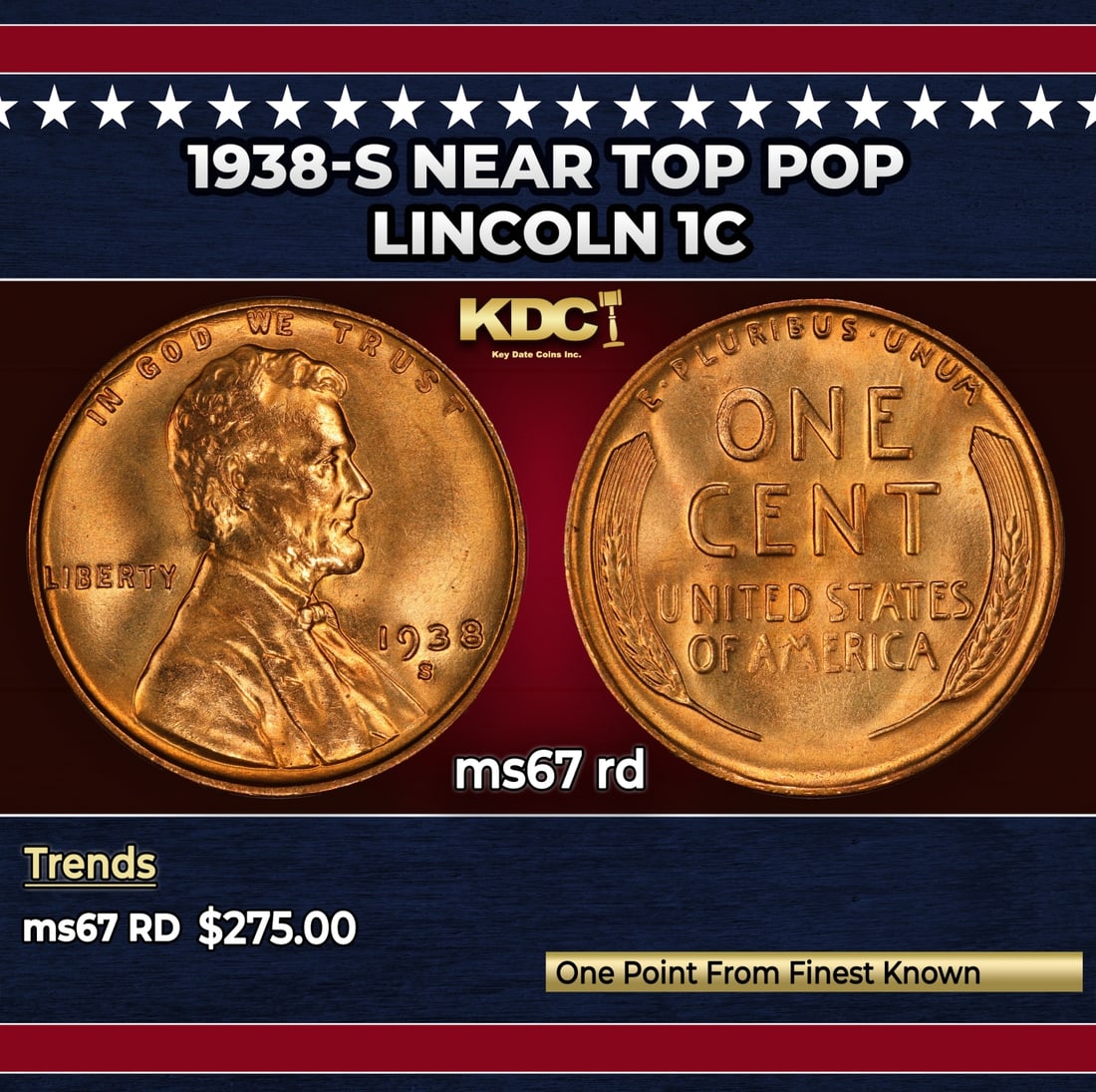 1938-s Lincoln Cent Near Top Pop 1c ms67 rd SEGS: 1938-s Near Top Pop Lincoln Cent 1c ms67 rd SEGS.