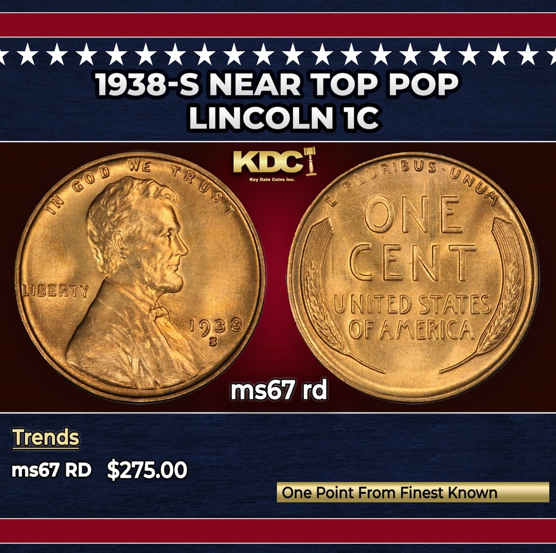 1938-s Lincoln Cent Near Top Pop 1c ms67 rd SEGS: 1938-s Near Top Pop Lincoln Cent 1c ms67 rd SEGS.