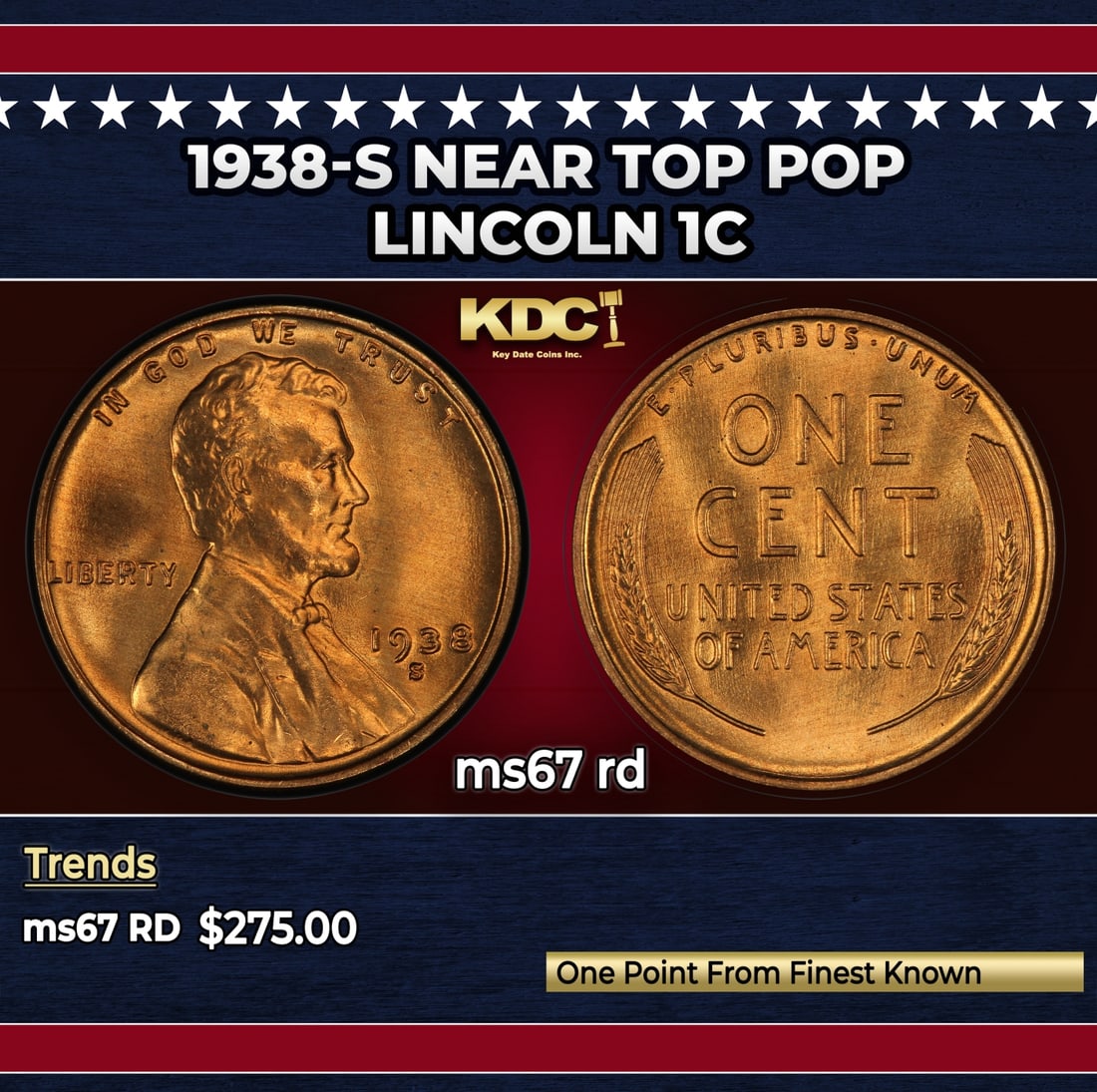 1938-s Lincoln Cent Near Top Pop 1c ms67 rd SEGS: 1938-s Near Top Pop Lincoln Cent 1c ms67 rd SEGS.