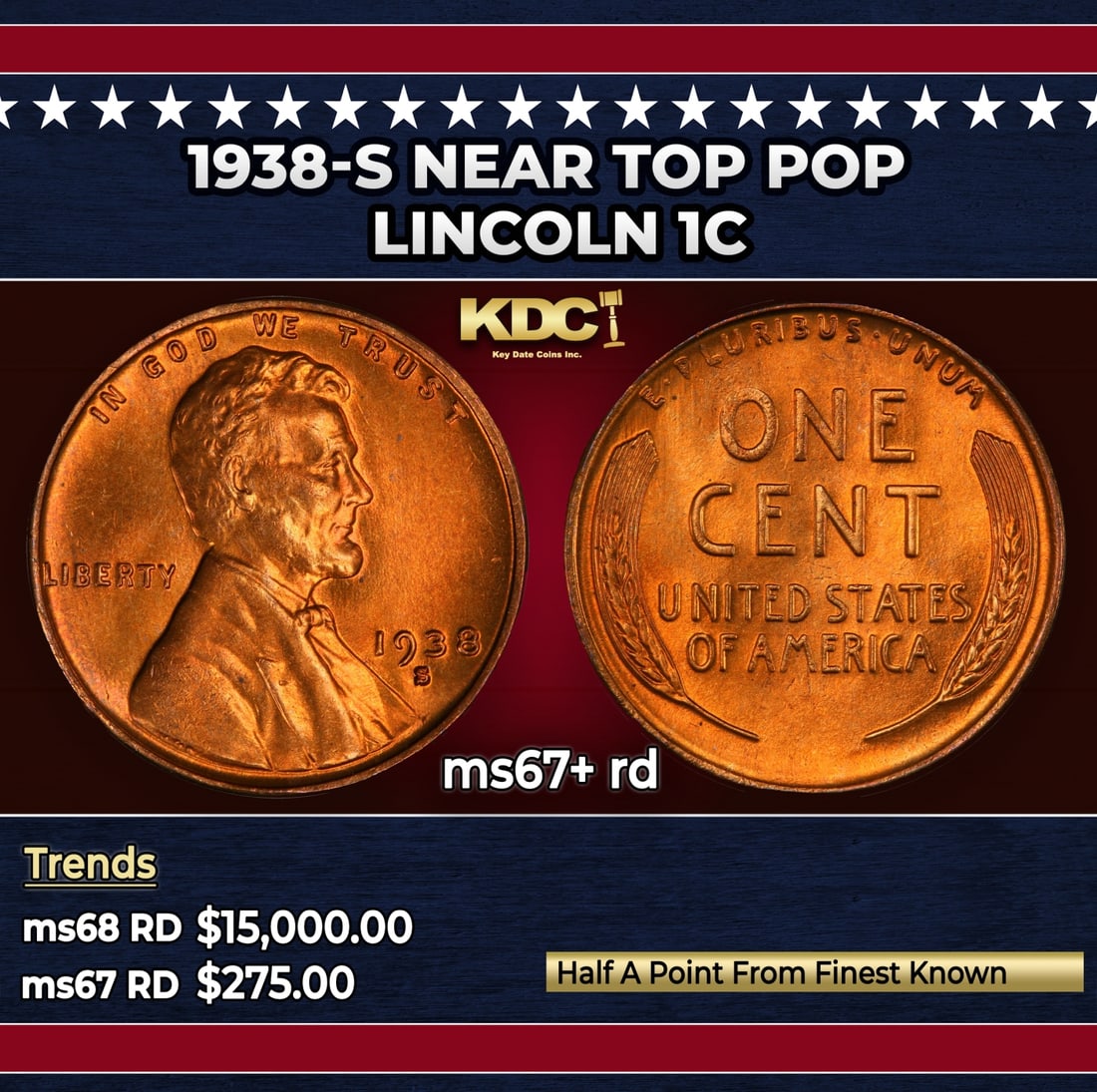 1938-s Lincoln Cent Near Top Pop 1c ms67+ rd SEGS: 1938-s Near Top Pop Lincoln Cent 1c ms67+ rd SEGS.