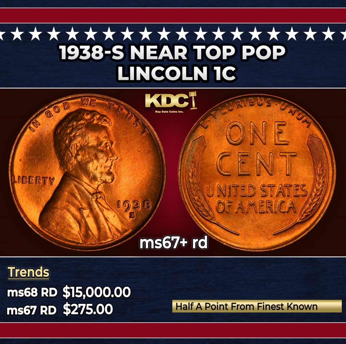 1938-s Lincoln Cent Near Top Pop 1c ms67+ rd SEGS: 1938-s Near Top Pop Lincoln Cent 1c ms67+ rd SEGS.