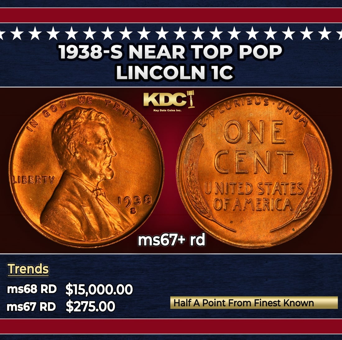 1938-s Lincoln Cent Near Top Pop 1c ms67+ rd SEGS: 1938-s Near Top Pop Lincoln Cent 1c ms67+ rd SEGS.