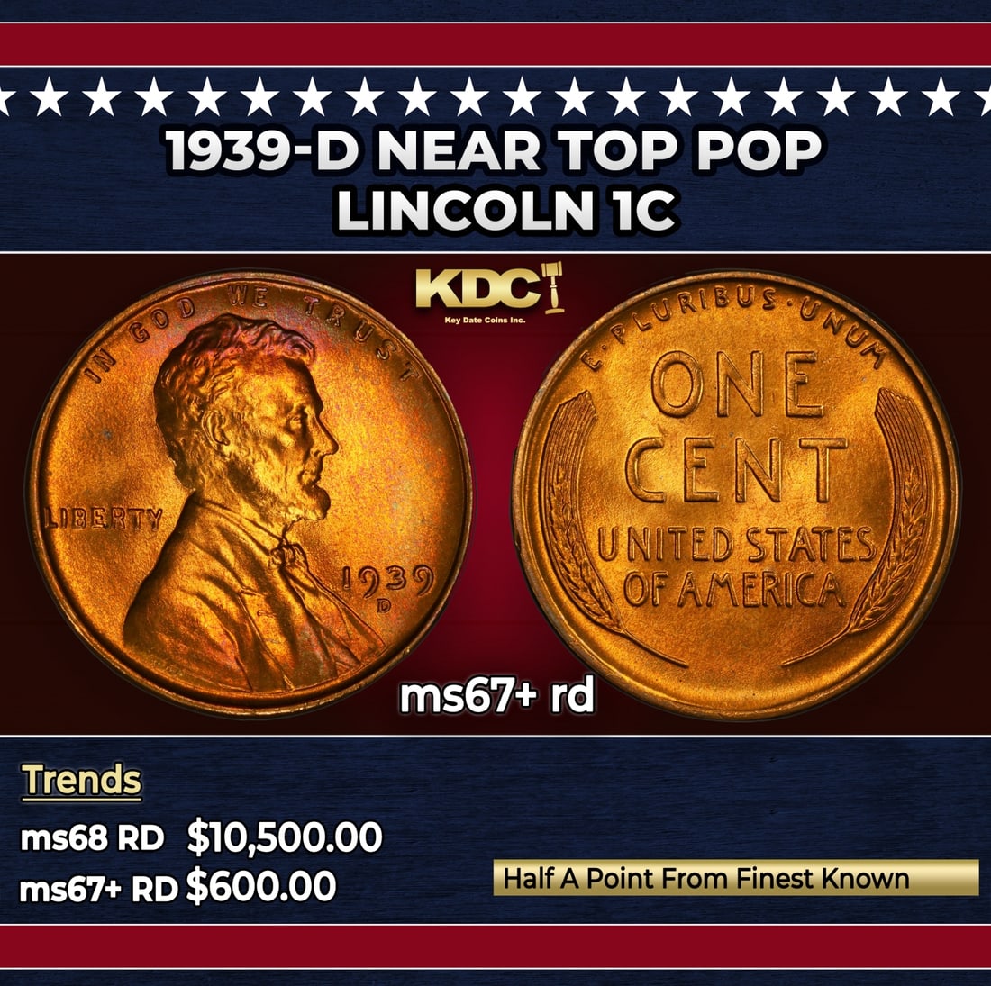 1939-d Lincoln Cent Near Top Pop 1c ms67+ rd SEGS: 1939-d Near Top Pop Lincoln Cent 1c ms67+ rd SEGS.