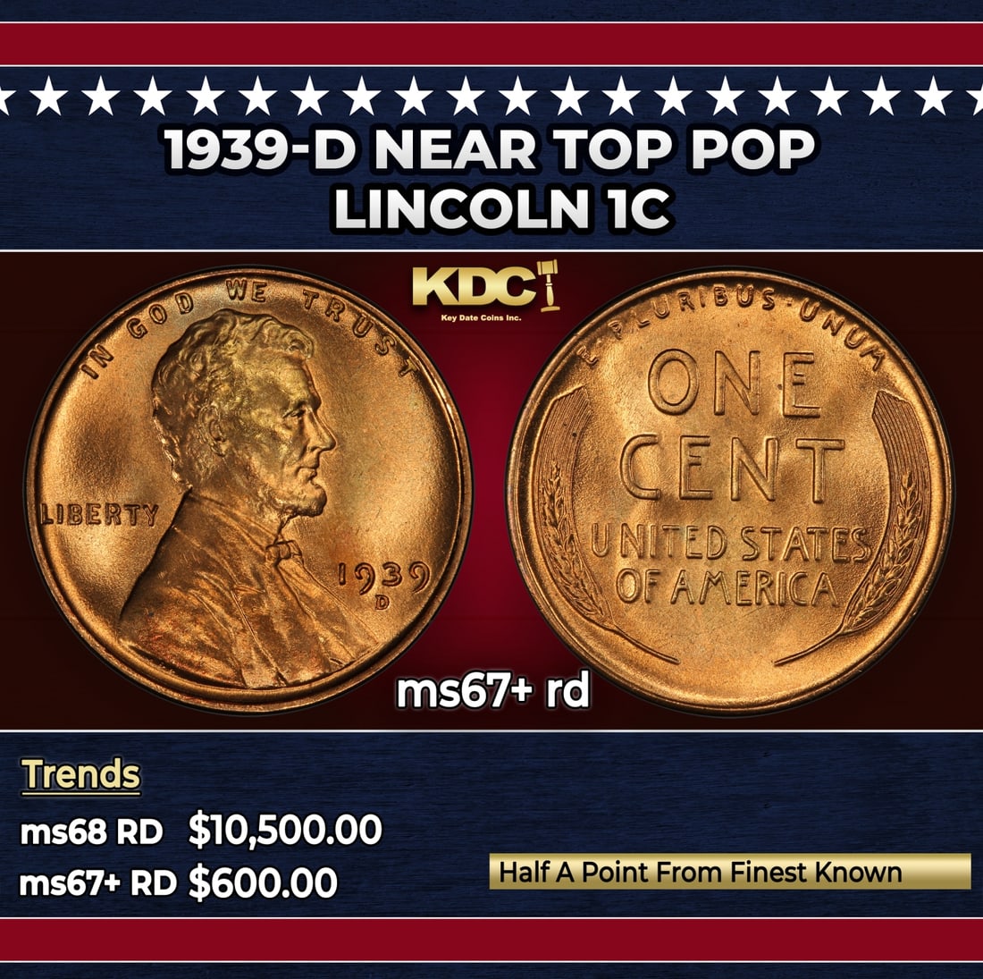 1939-d Lincoln Cent Near Top Pop 1c ms67+ rd SEGS: 1939-d Near Top Pop Lincoln Cent 1c ms67+ rd SEGS.