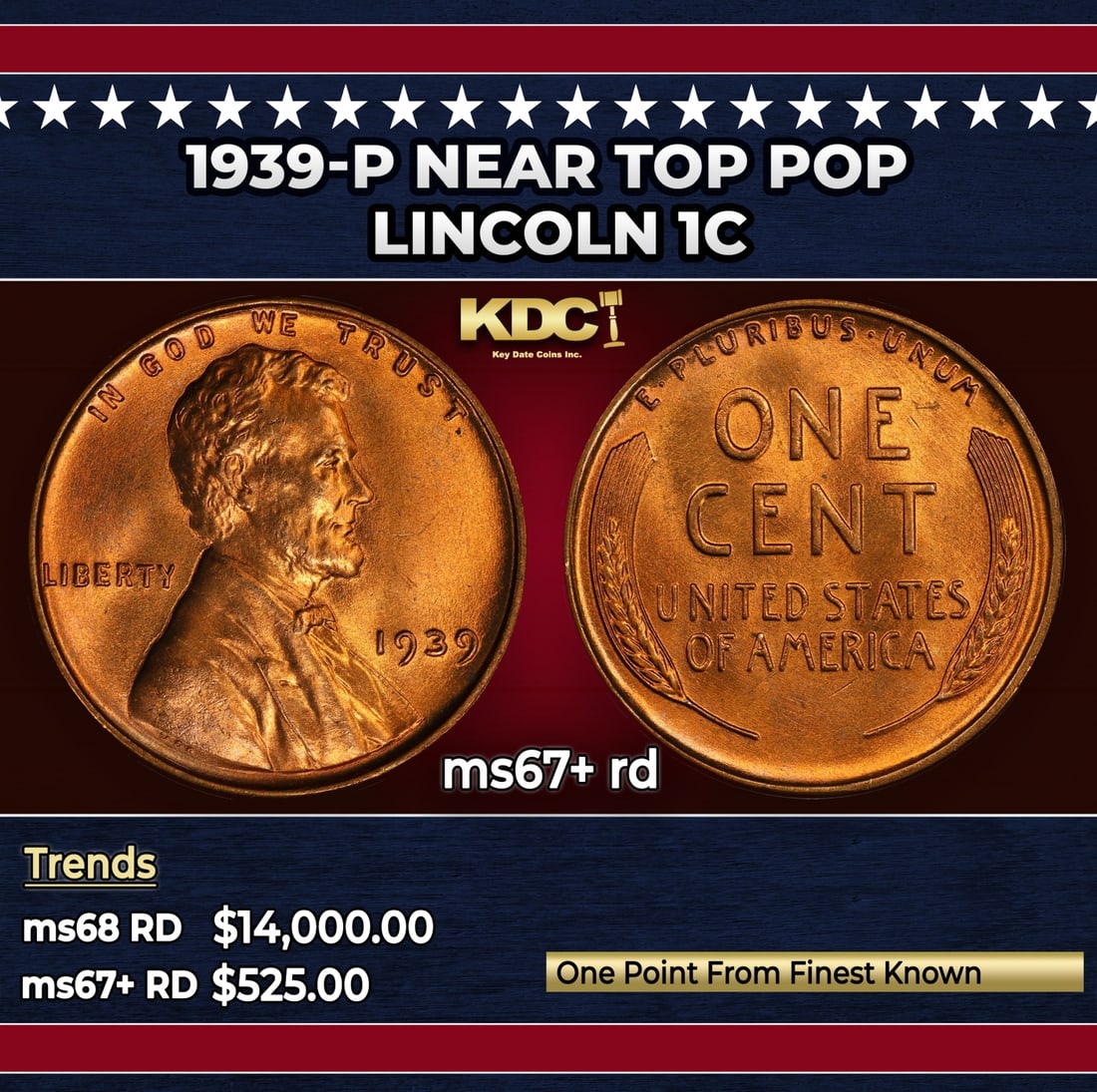 1939-p Lincoln Cent Near Top Pop 1c ms67+ rd SEGS: 1939-p Near Top Pop Lincoln Cent 1c ms67+ rd SEGS.