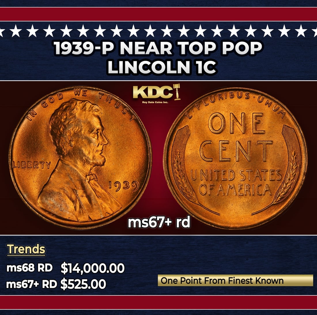 1939-p Lincoln Cent Near Top Pop 1c ms67+ rd SEGS: 1939-p Near Top Pop Lincoln Cent 1c ms67+ rd SEGS.