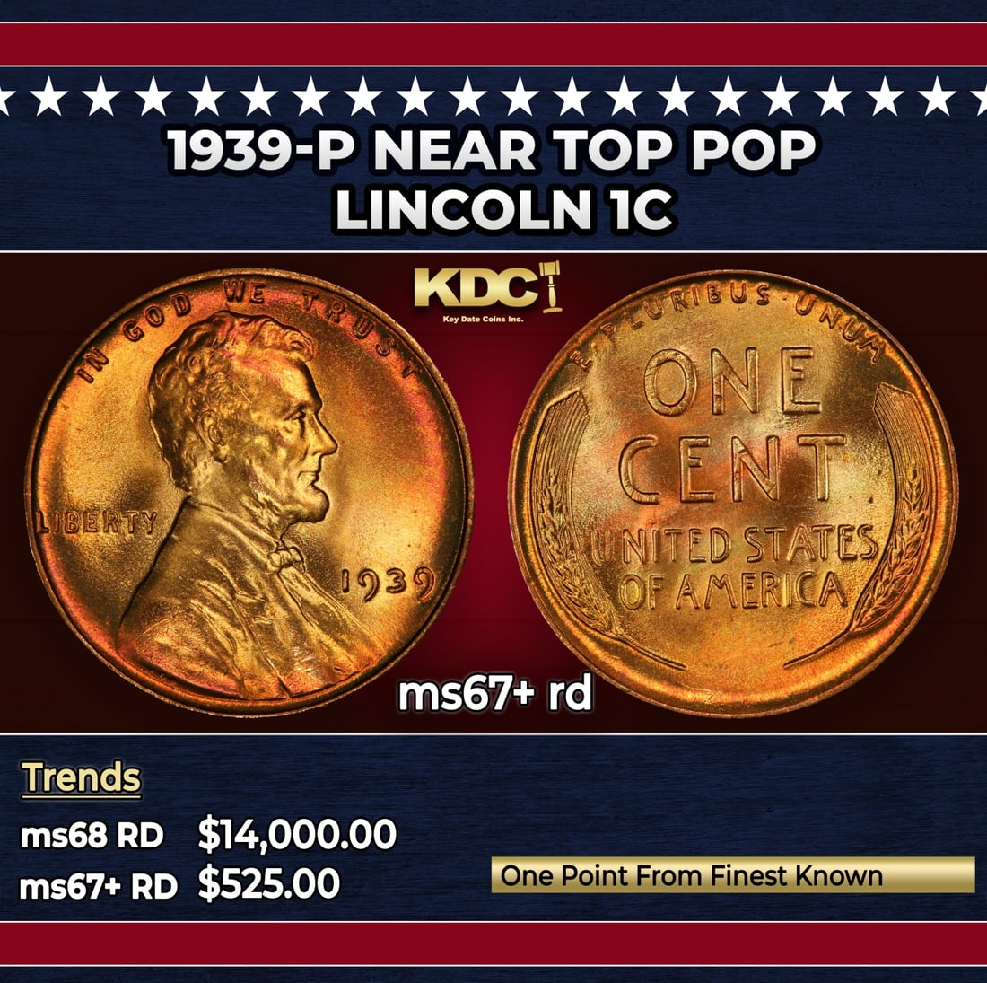 1939-p Lincoln Cent Near Top Pop 1c ms67+ rd SEGS: 1939-p Near Top Pop Lincoln Cent 1c ms67+ rd SEGS.