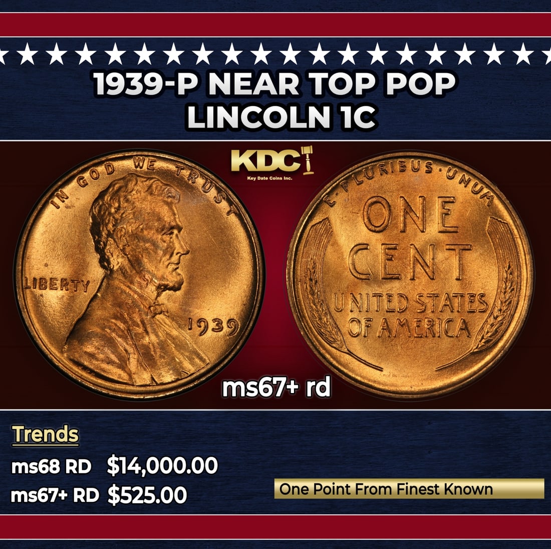 1939-p Lincoln Cent Near Top Pop 1c ms67+ rd SEGS: 1939-p Near Top Pop Lincoln Cent 1c ms67+ rd SEGS.