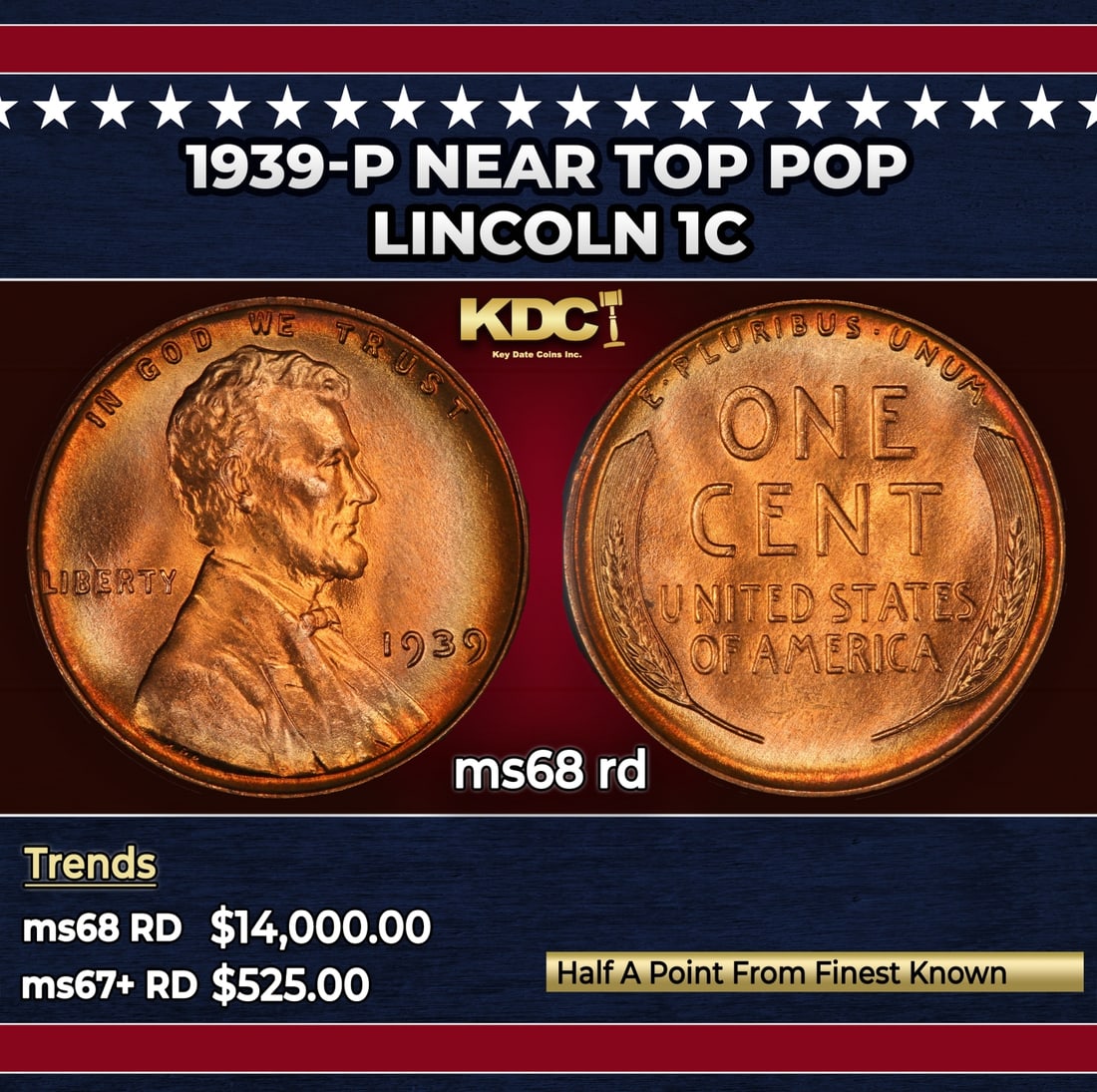 1939-p Lincoln Cent Near Top Pop 1c ms68 rd SEGS: 1939-p Near Top Pop Lincoln Cent 1c ms68 rd SEGS.