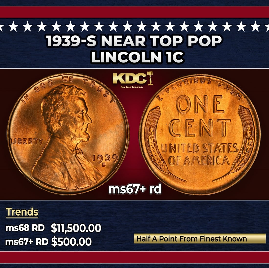 1939-s Lincoln Cent Near Top Pop 1c ms67+ rd SEGS: 1939-s Near Top Pop Lincoln Cent 1c ms67+ rd SEGS.