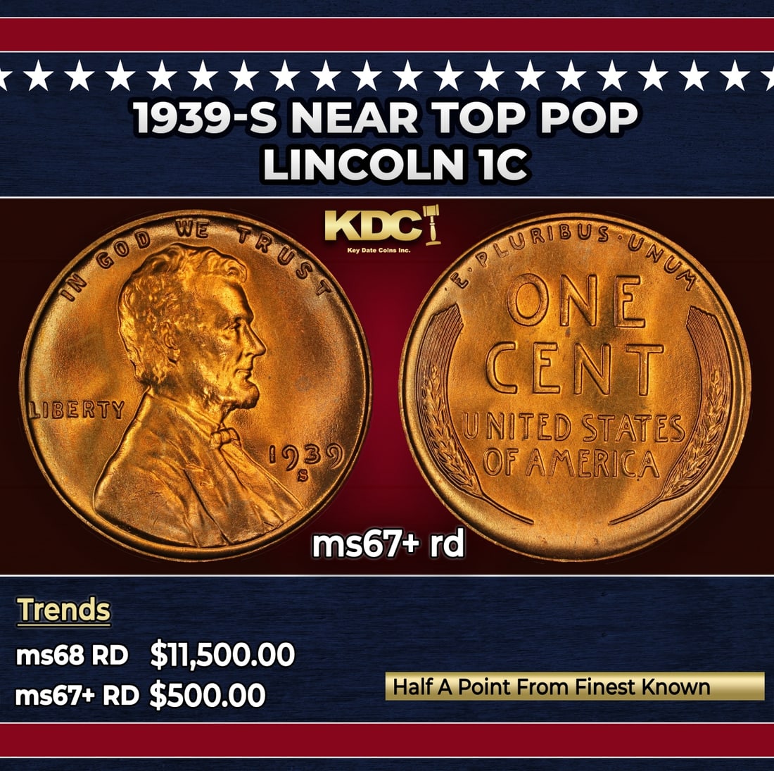 1939-s Lincoln Cent Near Top Pop 1c ms67+ rd SEGS: 1939-s Near Top Pop Lincoln Cent 1c ms67+ rd SEGS.