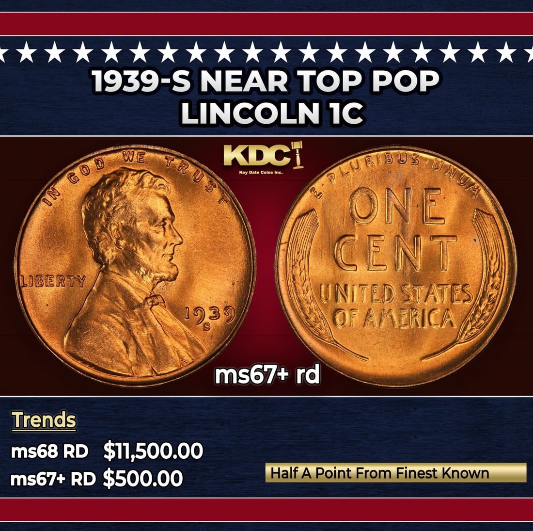 1939-s Lincoln Cent Near Top Pop 1c ms67+ rd SEGS: 1939-s Near Top Pop Lincoln Cent 1c ms67+ rd SEGS.
